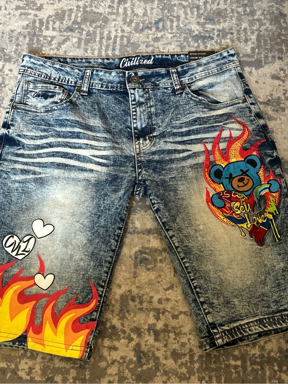 Civilized Self Love Bear Denim Men's Size 36 Blue Jeans Shorts Embroidered